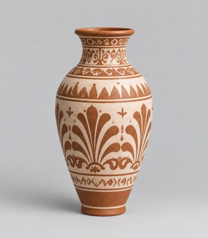 Vaso Makalla in terracotta decorata su sfondo grigio chiaro