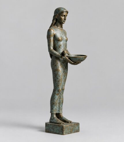 Statua Custode del Neto in bronzo patinato su sfondo grigio chiaro