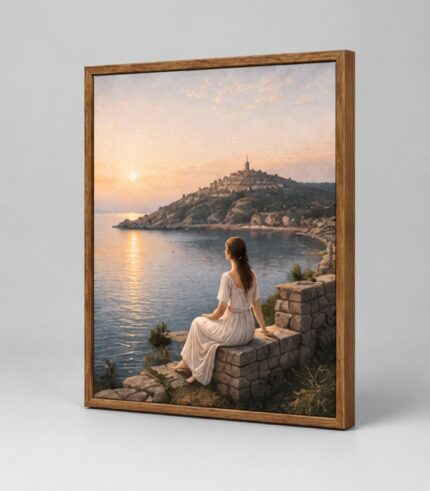 Quadro narrativo della Fiaba di Nahitos con paesaggio mediterraneo